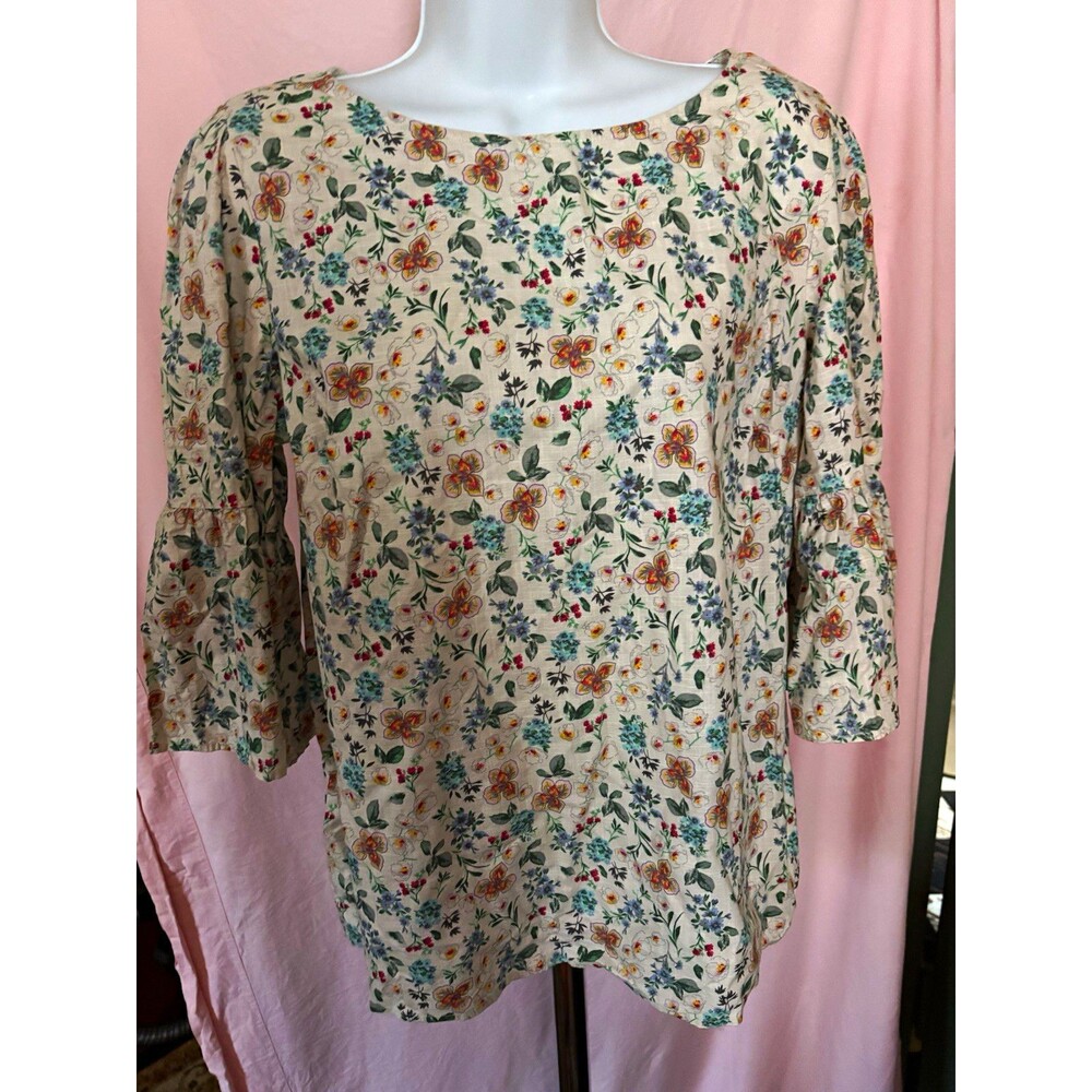 Time and Tru Womens M 8-10 Floral Cotton Blouse Bell Sleeve Cottagecore